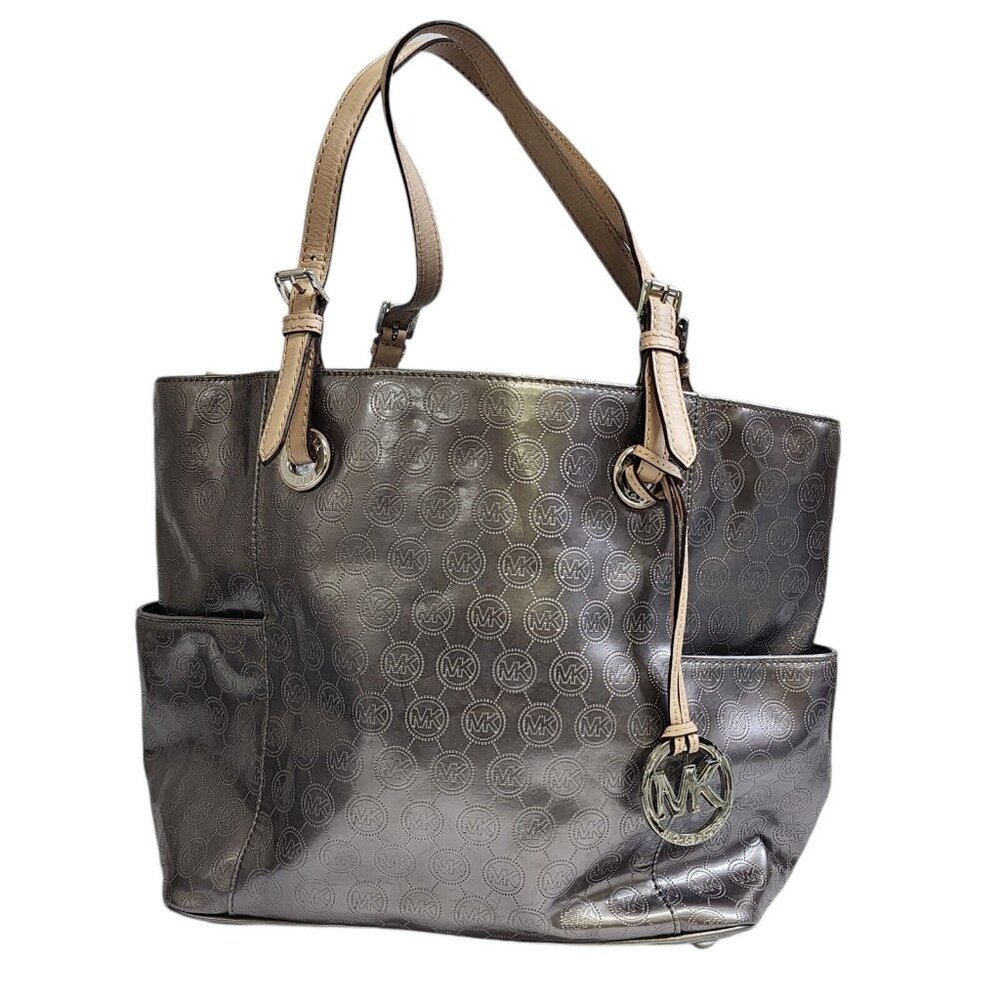 Michael Kors Womens Metallic Silver Signature Jet Set Lg Tote Purse Shoulder Bag